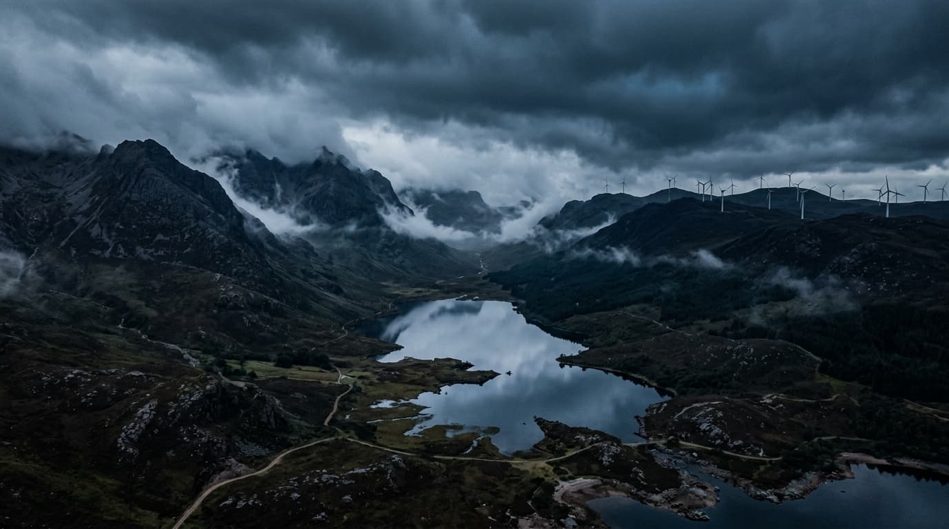 Dramatic mountain landscape with wind turbines